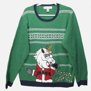 Jolly‎ Sweaters Christmas Ugly Sweater Unicorn Puke Candy Embroidered Gems Sz XL